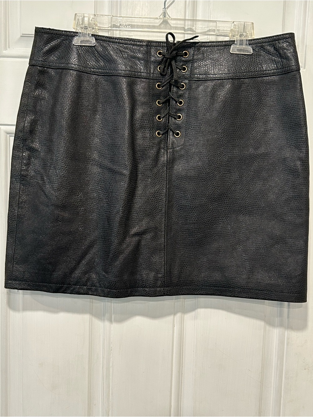Wilsons Leather Maxima Black Leather Mini Skirt Lace Up Corset Front Y2K Sz 12
